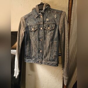 Express Denim Jacket with Gray Knit Hoodie Sleeves - Blue/Gray